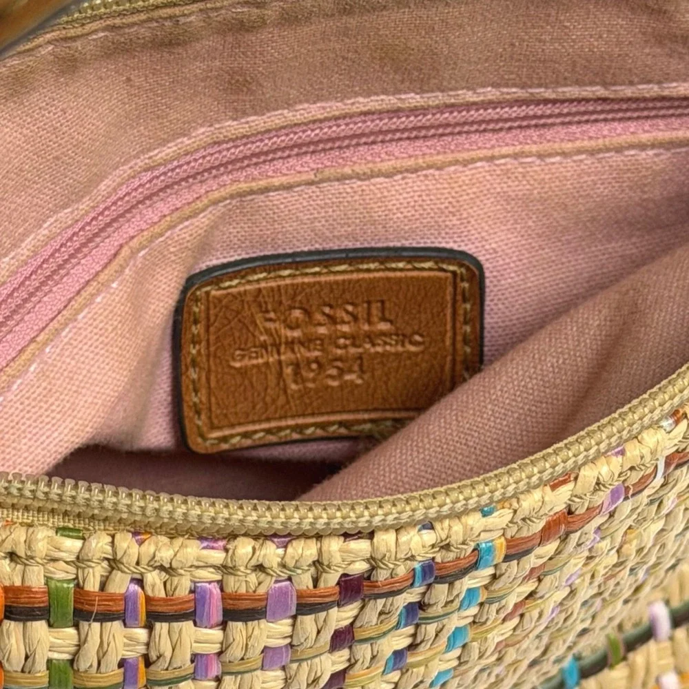Y2K Fossil Mini Shoulder Bag Woven Straw Rainbow Detail Brown Leather Whimsy